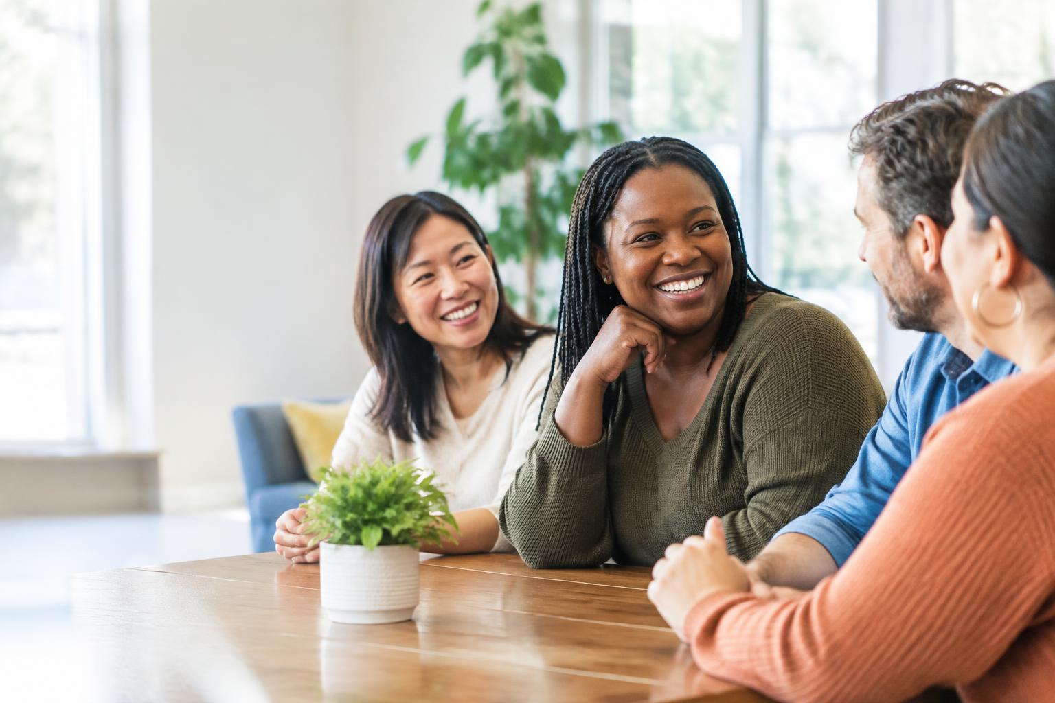 Diverse adults sharing a warm conversation in a community space