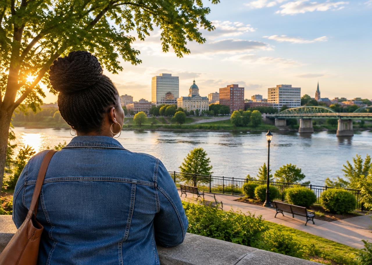 Woman looking across a sunlit riverfront toward the city
